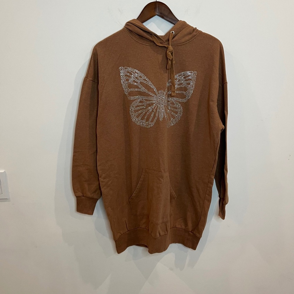 No Boundaries Brown Rhinestone Butterfly Hoodie Longline Sweatshirt Large 11-13